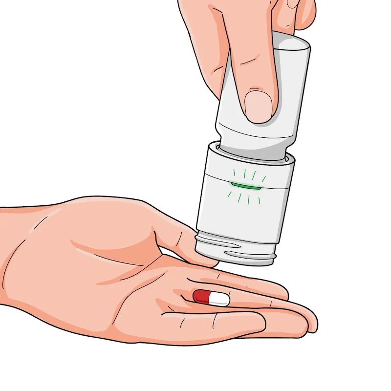One pill is dispensed per button press — the date and time is recorded.